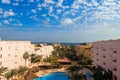 View of luxurious hotel with a swimming pool and Red sea Royalty Free Stock Photo