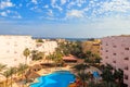View of the luxurious hotel with swimming pool and Red sea Royalty Free Stock Photo