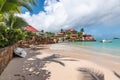 View of luxury beach on St Barts. Nikki Beach, Gustavia, Caribbean. Royalty Free Stock Photo