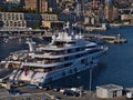 View of luxury megayacht Quantum Blue, owned by Russian businessman Sergey Galitsky, moored in the harbor of Monaco.