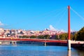 View of Lyon with Saone river and famous red footbridge Royalty Free Stock Photo