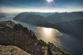 View at Lyse fjord and Preikestolen cliff in Norway