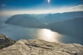 View at Lyse fjord and Preikestolen cliff in Norway