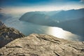 View at Lyse fjord and Preikestolen cliff in Norway Royalty Free Stock Photo