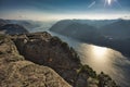 View at Lyse fjord and Preikestolen cliff in Norway