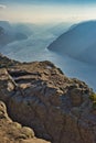 View at Lyse fjord and Preikestolen cliff in Norway