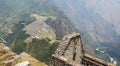 View of Machu Picchu from the top of Waynapicchu mountain, stone walls on ancient Inca construction Royalty Free Stock Photo