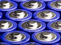 View macro of several AA blue batteries. Royalty Free Stock Photo