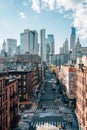 View of Madison Street and the Financial District from the Manhattan Bridge, in the Lower East Side, New York City