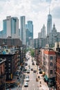 View of Madison Street and the Financial District from the Manhattan Bridge, in the Lower East Side, New York City