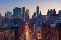 View of Madison Street and Lower Manhattan at sunset from the Manhattan Bridge in New York City