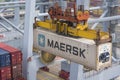 View on the Maersk owned container, loaded on the cargo ship.