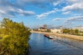 View of Magdeburg with cathedral and river Elbe, daylight landscape, Saxony, Germany