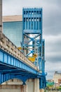 View of the main bridge in Jacksonville Florida with city buildings on the background