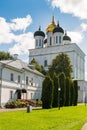 Pskov, Russia, September 6, 2024. View of the Trinity Cathedral from the Kremlin courtyard.