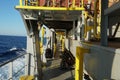 View on main deck and lashing platforms of container vessel painted gray with yellow marking of dangerous obstructions.