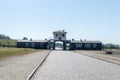 View main entrance gate of Gross-Rosen concentration camp built and operated by Nazi Germany during World War II