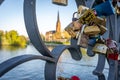 DreikÃÂ¶nigskirche from eiserner steg with wedding locks in foreground, Frankfurt germany