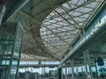 View of the main lobby of SÃÂ¡ Carneiro Airport, ceiling with metallic lattice structure and glass opening in the ceiling, Porto,