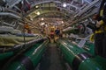 View of the main passage inside the submarine, appliances, hatches, pipelines