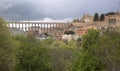 View of main square and roman aqueduct Segovia Spain Royalty Free Stock Photo