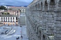 View of main square and roman aqueduct Segovia Spain