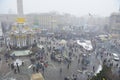 View of Majdan Nezalezhnosti the center of Kyiv, protesters tent city and crowd of people walking around. Revolution of