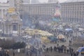 View of Majdan Nezalezhnosti the center of Kyiv, protesters tent city and crowd of people walking around. Revolution of