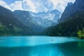 View of majestic mountains and lake in Europe.Nature getaway.Turquoise water of Gosau See,lake,Austria,Dachstein glacier in Royalty Free Stock Photo