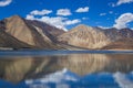 View of majestic rocky mountains against the blue sky and lake Pangong in Indian Himalayas, Ladakh region, India. Nature and