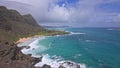 View of Makapuu beach. Waves of Pacific Ocean wash over yellow sand of tropical beach. Magnificent mountains of Hawaiian