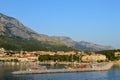 View of Makarska city center from the sea. Adriatic Sea coast, Dalmatia, Croatia