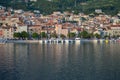 View of Makarska city center from the sea. Adriatic Sea coast, Dalmatia, Croatia