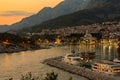 View of Makarska port and coastline at sunset, Dalmatia Croatia, Royalty Free Stock Photo