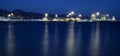 View of Malaga`s port, with lights reflecting in the water surface at blue hour