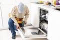 View Of Man In Overall Repairing Dishwasher In Kitchen Royalty Free Stock Photo