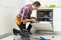 View Of Man In Overall Repairing Dishwasher In Kitchen Royalty Free Stock Photo