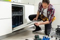 View Of Man In Overall Repairing Dishwasher In Kitchen Royalty Free Stock Photo