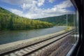 View of the Mana River and mountains from the train window Royalty Free Stock Photo