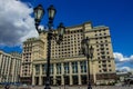 View of Manezhnaya Square and the four seasons hotel on a sunny summer day.Moscow, city center Royalty Free Stock Photo