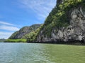 View of mangrove forest and limestone hills from boat cruise in Kilim Karst Geoforest Park, Langkawi, Kedah, Malaysia. Royalty Free Stock Photo