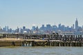 View of Manhattan across river Hudson with wooden Pier in foreground