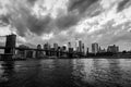 View Of Manhattan Bridge And Manhattan In New York, USA At Sunset. Black And White