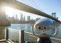 View Of Manhattan Bridge And New York City With A Coin Operated Telescope Binoculars Viewer For Tourists