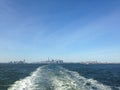 View of Manhattan, Brooklyn, and Jersey City from Staten Island Ferry. Royalty Free Stock Photo