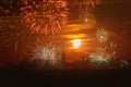 View of Manhattan New York City skyline illuminated amazing fireworks in Independence day Royalty Free Stock Photo