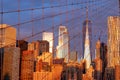 Manhattan Skyline from Brooklyn Bridge during sunrise in New York. USA