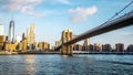 The view of Manhattan skyline and Brookyn bridge from Brooklyn side after sunrise , New york city Royalty Free Stock Photo