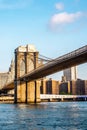 The view of Manhattan skyline and Brookyn bridge from Brooklyn side after sunrise , New york city Royalty Free Stock Photo