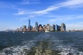 View of Manhattan skyline from the stern of a boat Royalty Free Stock Photo